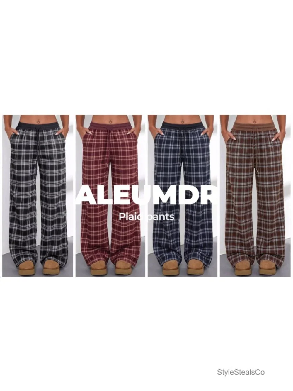 Wide Leg Sweatpants with Pockets Plaid Lounge Pants High Waisted Drawstring